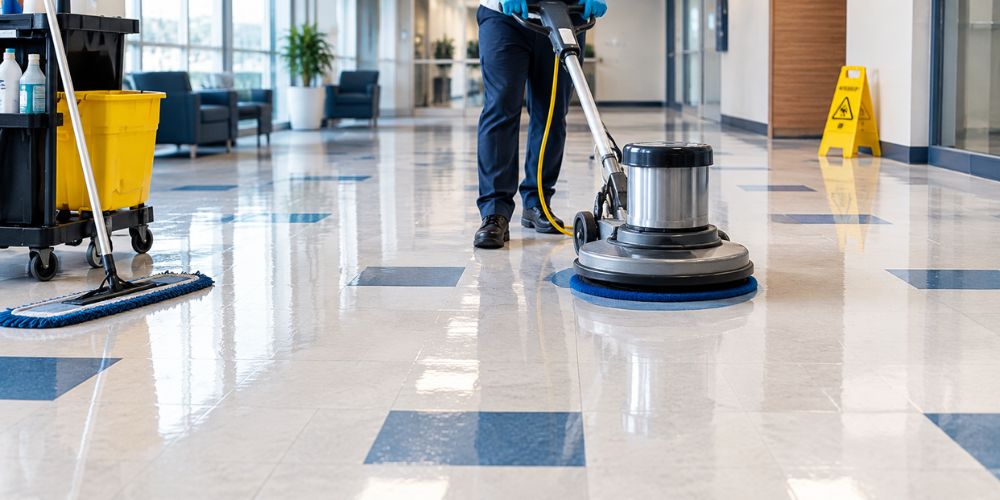 Commercial VCT floor being cleaned with a floor machine