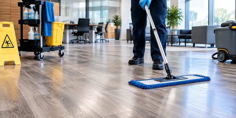 Commercial luxury vinyl flooring being cleaned with a floor mop
