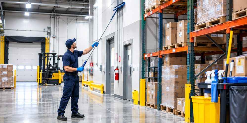 Monthly warehouse cleaning of high-level areas and fixtures