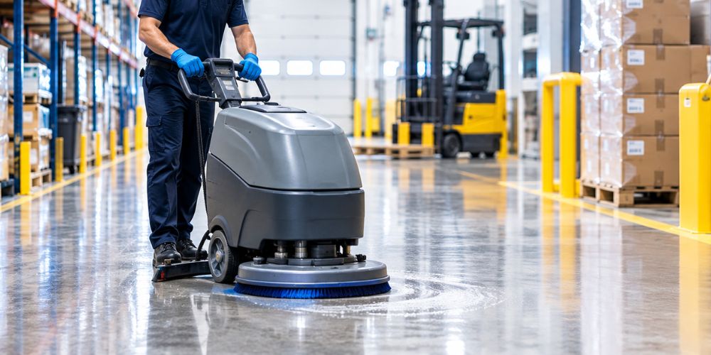 Professional cleaner using a floor scrubber in a warehouse