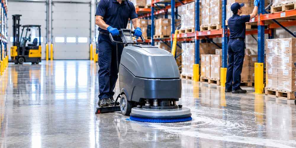 Weekly warehouse floor cleaning with an industrial scrubber