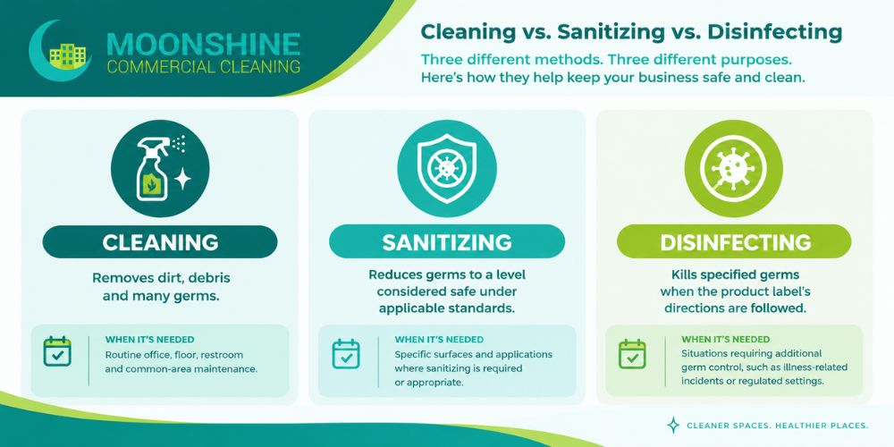 comparing cleaning, sanitizing, and disinfecting methods for businesses